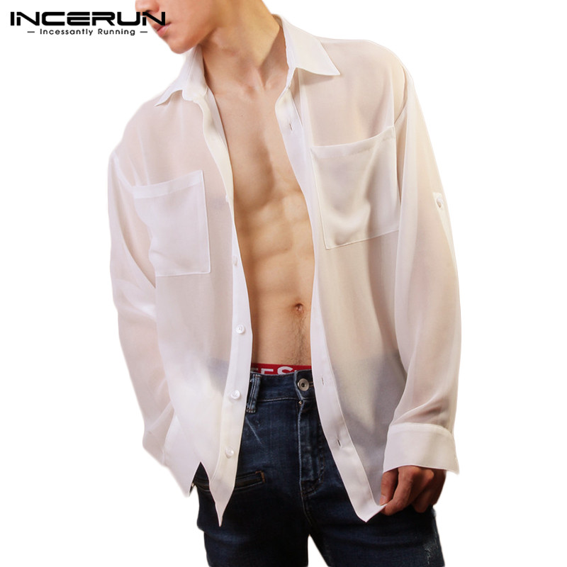 

INCERUN Fashion Men Mesh Shirt See Through Long Sleeve 2020 Streetwear Pockets Nightclub Party Shirts Men Lapel Sexy Tops S-5XL, White shirt