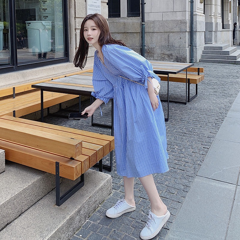 

V-neck Striped Women Dress Cotton Fashion Casual Summer New 2020 Ladies Dress Puff Sleeve A- Line Women Clothing U665, Blue