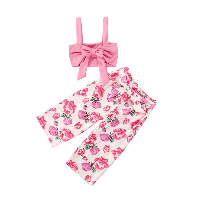 

1-6Years Girl Sling + flower pants suit Summer Sleeveless Top and Long Pants Pink Kids Girl Sets Bbay Sets, As pic