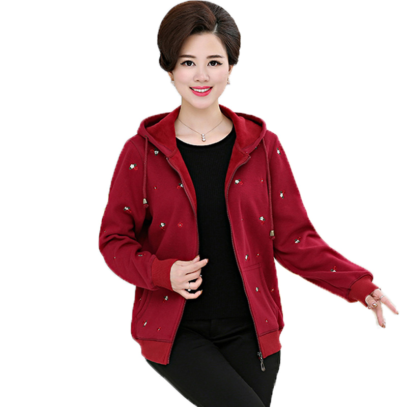 

Winter Women Casual Embroidery Fleece Jackets Woman Red Gray Navy Blue Warm Hooded Coat Mother Thicken Outerwear 40s 50s 60s 70s, Red hooded jacket