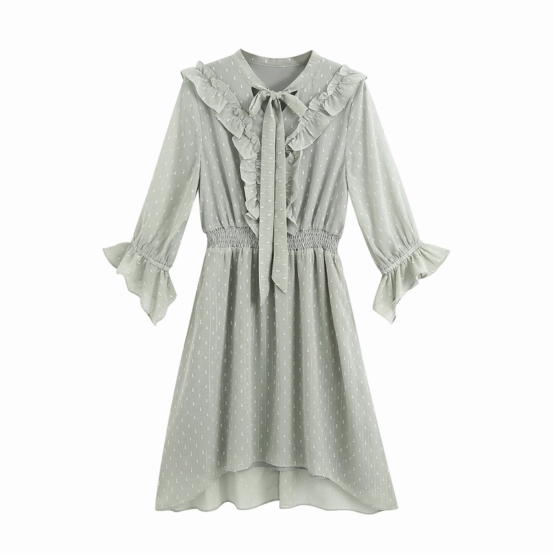 

Summer Dress 2020 New Fashion Ruffles Bow Collar Flare Sleeve Women Dresses, Gray