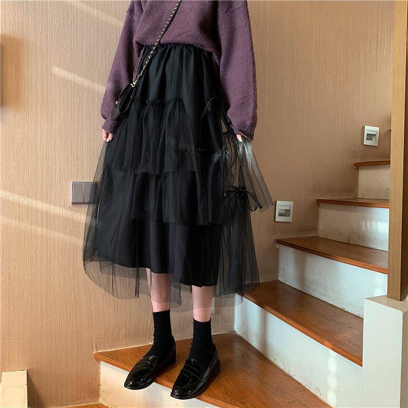 

Retro High Waist Party Tutu Skirt Kawaii Irregular Puffy Tulle Long Black Skirt Korean Style Women Midi Mesh Sweet Goddess
