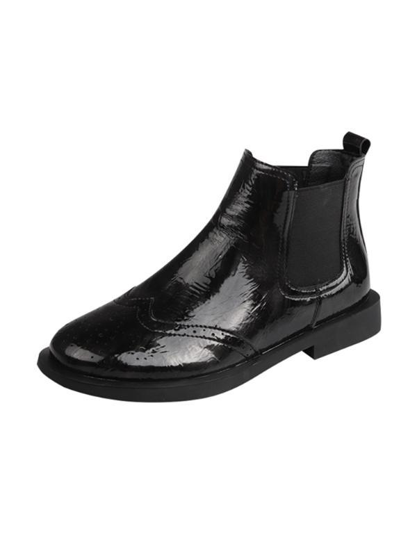 

Women Snow Boots Patent Leather Winter Warm Brogue Carved Ankle Boots Fashion For Women Flat Shoes, Black