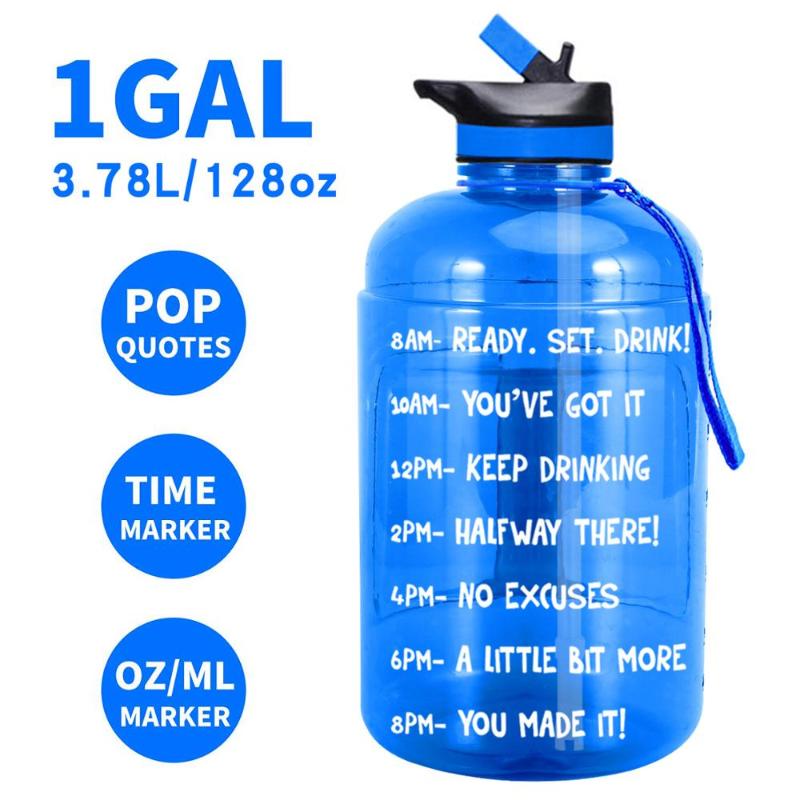 

Sport Water Bottle With Straw & Time Marker 3.78L/128oz 1 Gallon Plastic Drinking Bottle For Fitness Gym Camping Tourism, Blue