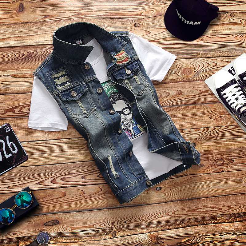 

Men' New Vintage Design Denim Vest Male Slim Fit Sleeveless Jackets Men Hole Jeans Waistcoat Plus Size -5XL, Blue
