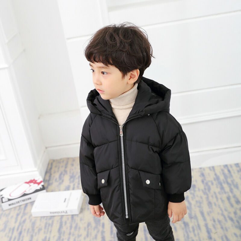 

Winter Warm Fashion Kids Girls Boys Baby Coat Hooded Snow Wear Cotton Bright Space Bread Down Jackets Zipper Pockets, Black