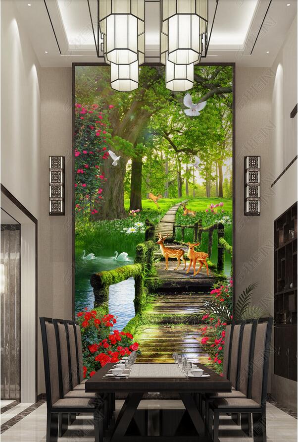 

3d wallpaper custom photo Beautiful three-dimensional landscape flowers big tree green forest porch muals wall paper for walls 3 d, Sky blue