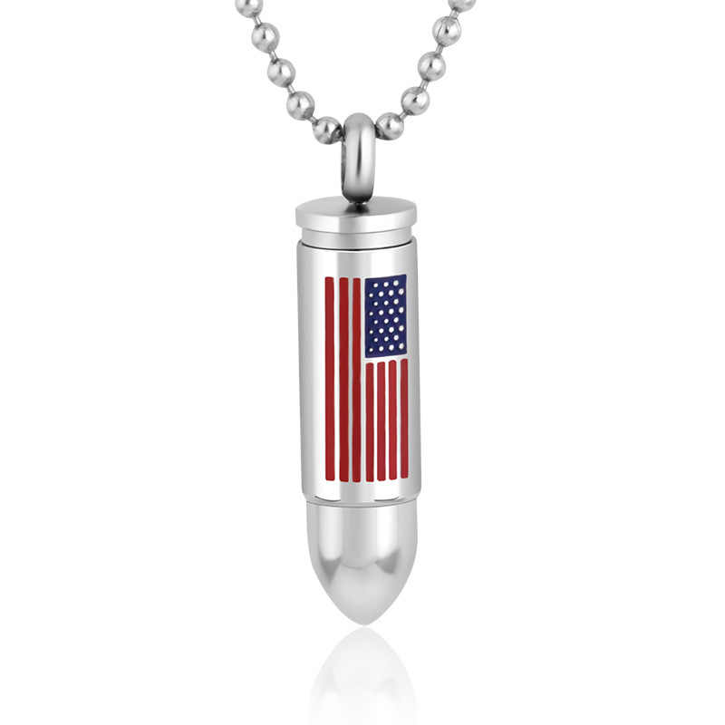 

American Flag Bullet Pendant Men's Titanium Stainless Steel Necklace Perfume Bottle Urn Box Pendant Necklaces with Chain, Silver