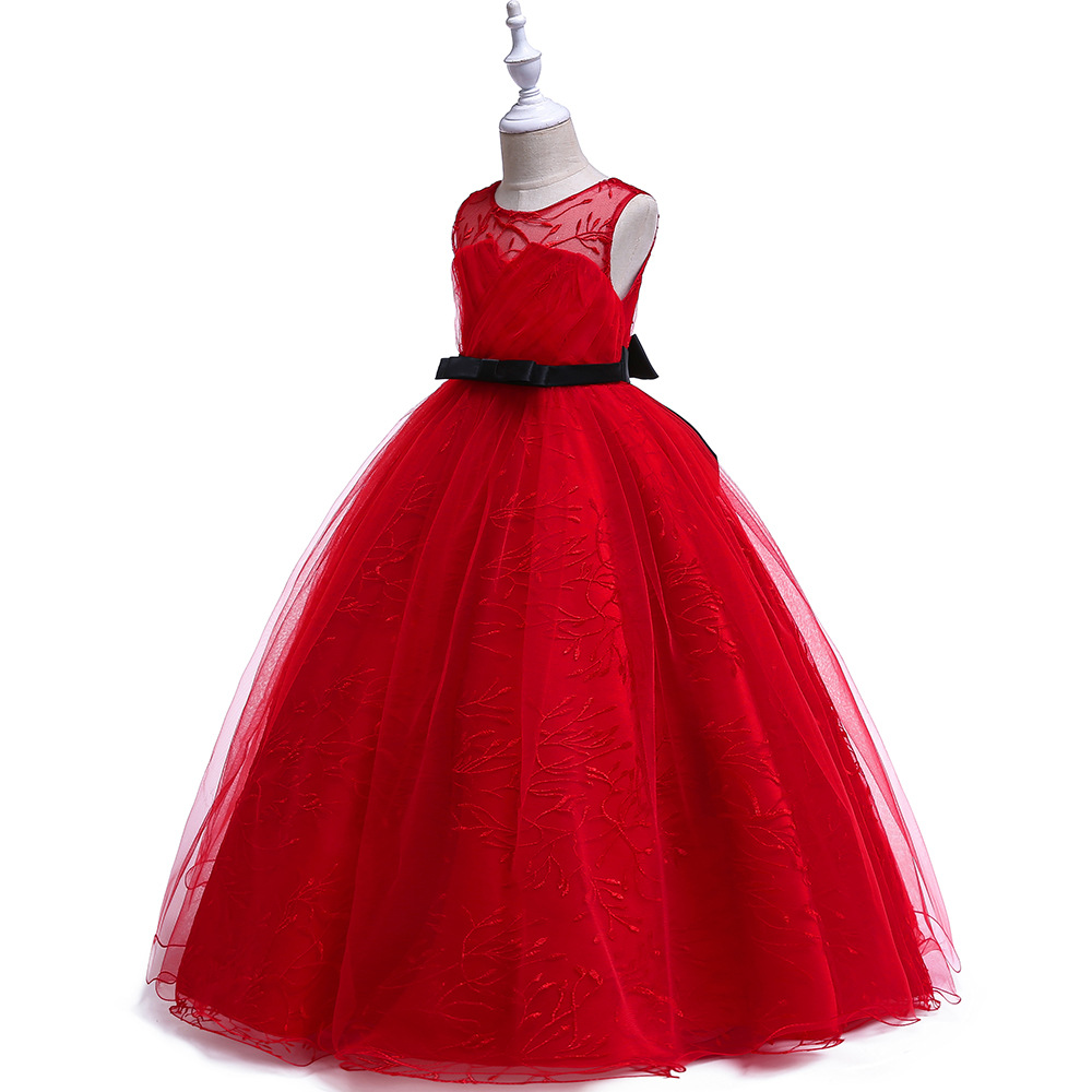 

1pcs Girls Red Embroidered Strapless Long Ball Gown Wedding Dress Kids Luxury Elegant Floor-Length Party Prom Formal Occasion Dress