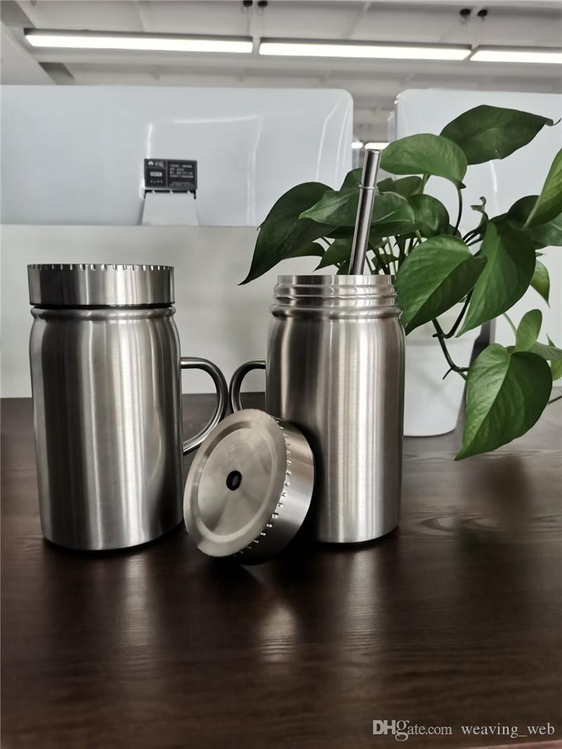 

17OZ Stainless Steel Mason jar Mason tumbler 17oz cup with lid straw Coffee beer juice mug mason Cans drinking sippy with handle, Stainless steel color