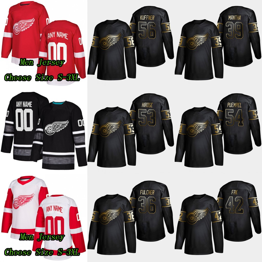 

56 Ryan Kuffner 2019 Golden Edition Detroit Red Wings 42 Martin Frk 54 Matt Puempel 39 Anthony Mantha 53 Taro Hirose 36 Kaden Fulcher Jersey, Red women: size s-xxl