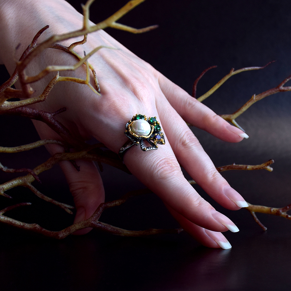 

Vintage Flower Rings Green Zirconia White Pearl Wholesale Jewellery Gift for Mom Women Accessories Ring jewel black