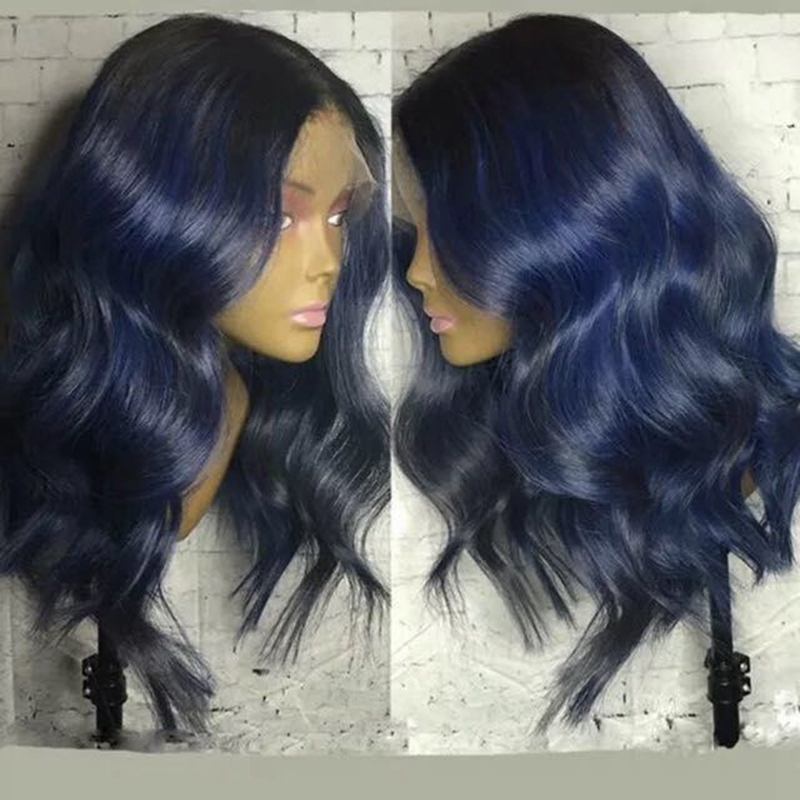 

Ombre Blue Natural Wave Heat Resistant Hair 16inch Women Wedding Party Synthetic Lace Front Daily Wigs with Baby Hair Curly Wigs, As pictures