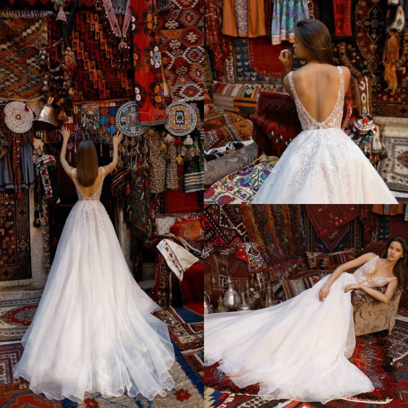 

2020 Sexy A Line Wedding Dresses Sequins Applique Rhinestone Wedding Gowns Tulle Sweep Train Backless Gridal Gowns Vestidos De Novia, Yellow