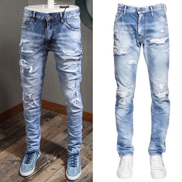 

Stitch Details Accent Pre-Damaged Jeans Men Skinny Fit Ripped Bleach Wash Painted Cowboy Pants Hot Sale, D2/8118
