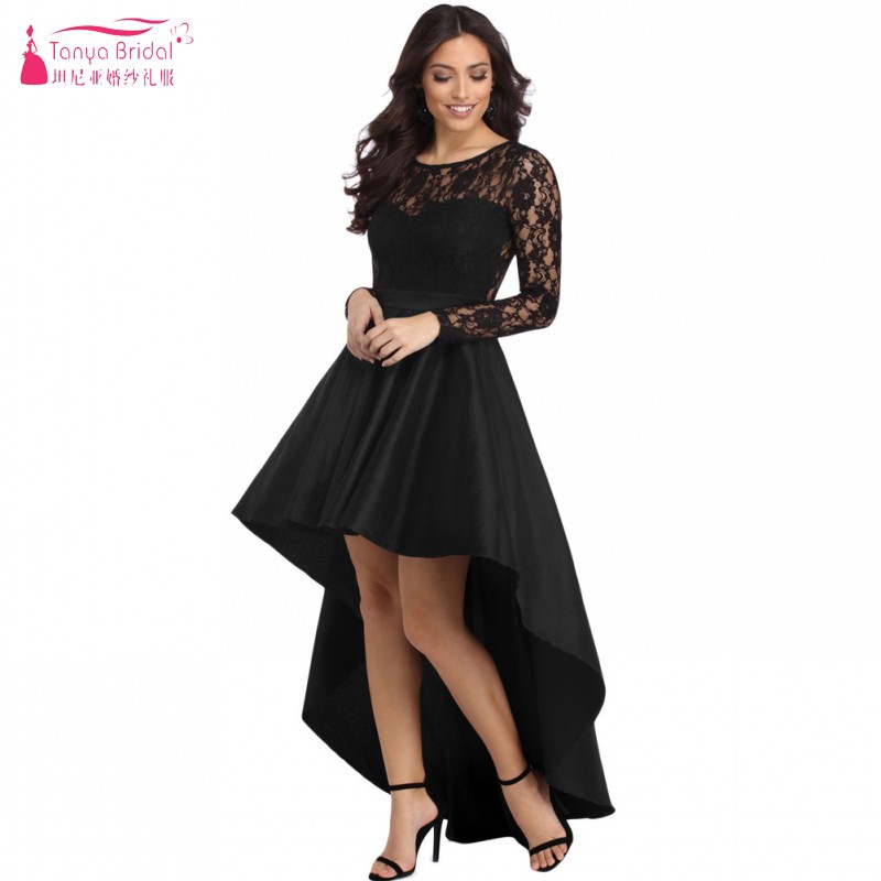 

Tanya Womens Long Sleeve Lace Homecoming Dresses High Low Satin Cocktail Party Gowns DQG878, Black