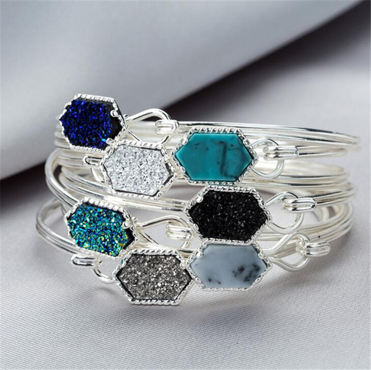 

Fashion Druzy Drusy Bracelet Silver Gold Plated Popular Faux Stone Turquoise Bracelets For Women Lady Jewelry HN29, Silver mixed colors
