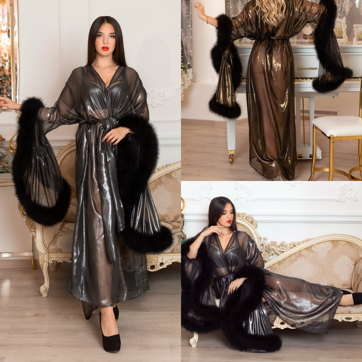 

2020 Illusion Wedding Robes Sexy See Through Long Sleeve With Fur Finish Ribbon Sash Night Gown For Women Floor Length Pajamas Sleepwear
