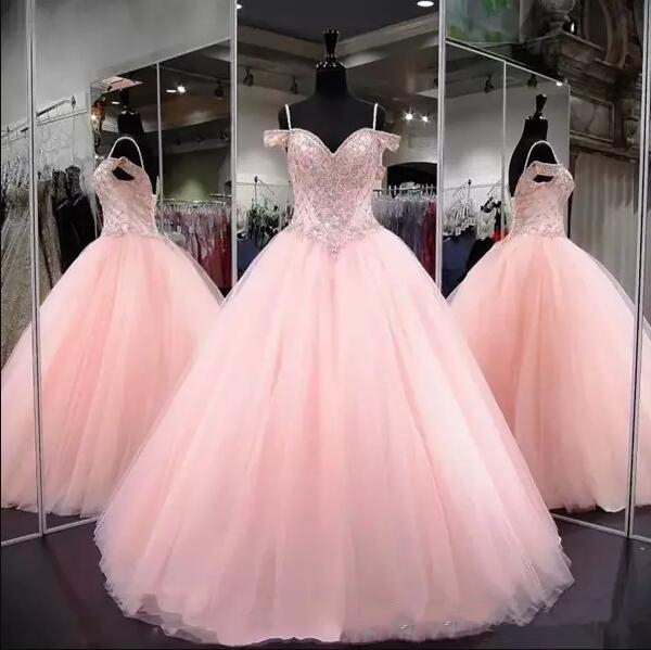 

2019 Shining Sequins Rhinestones Pink Quinceanera Dresses Ball Gown Beaded Sweet 16 Year Prom Party Gown Vestidos De 15 Anos QC1376, Ivory