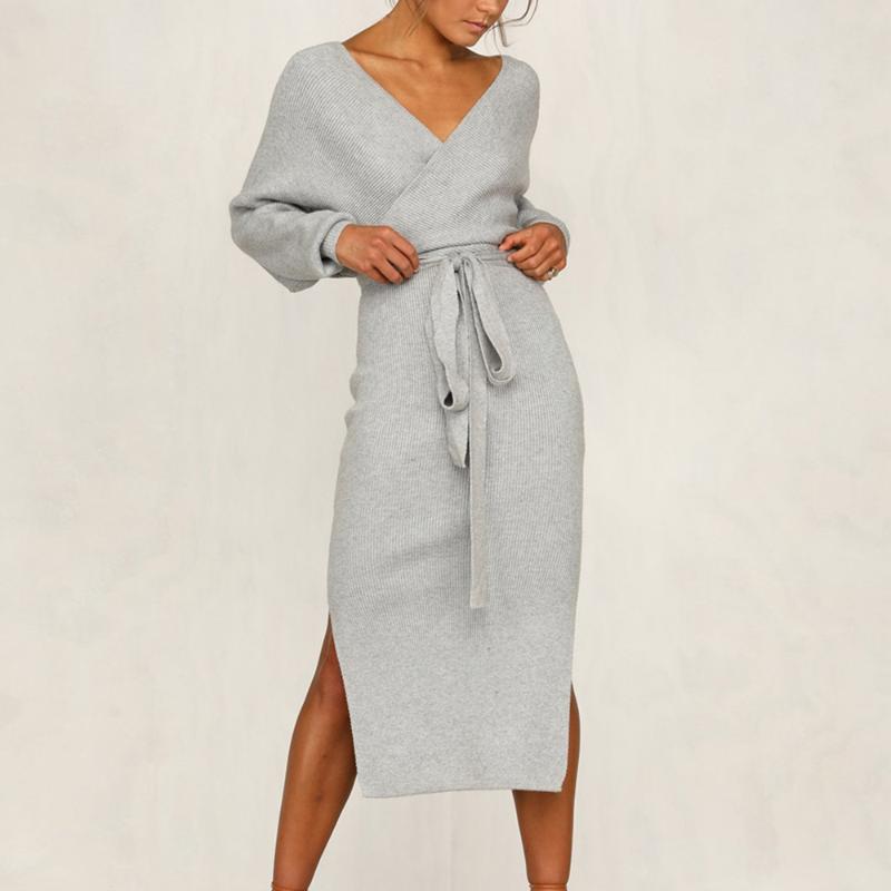 

Vertvie New Knitting Sweater Dress Women Autumn Winter Split Deep V-neck Sheath Dress Sexy Lady Slim Tight Streetwear, Yellow