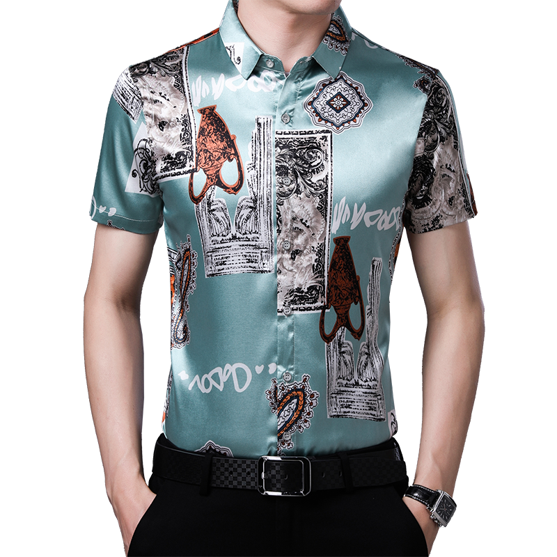 

Male Silk Shirt Summer Floral Printed Silk Clothes Fashion Man Printing Satin Dress Shirts Short Sleeve, Green