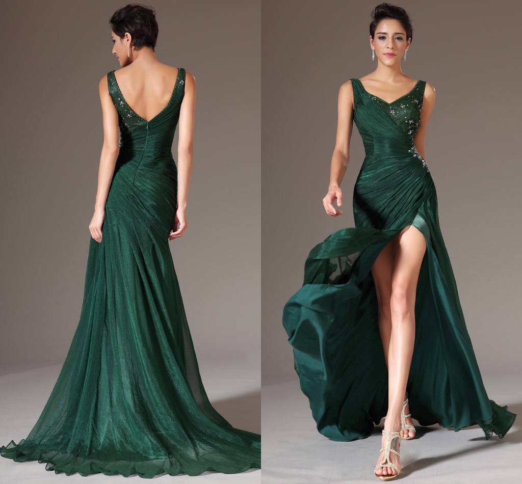 2020 New Mermaid Long Evening Gown V Neck Pleats Beads Prom Party Dress Dark Green Chiffon Formal Evening Dresses