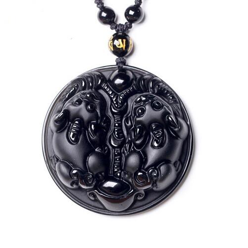 100/% Naturel Noir Obsidian Carved Dragon Phoenix Lucky Pendentif Perles Collier