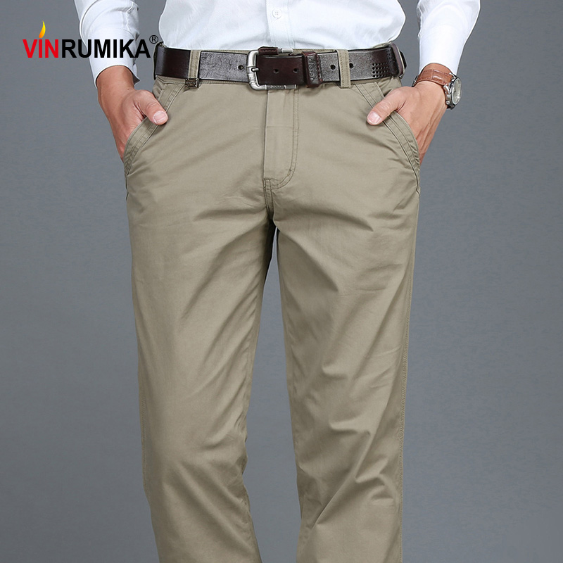 

2020 Summer Men Business Casual 100% Cotton Khaki Pants Man Spring Autumn Black Blue Work Pant Army Green Straight Long Trousers, A style army green
