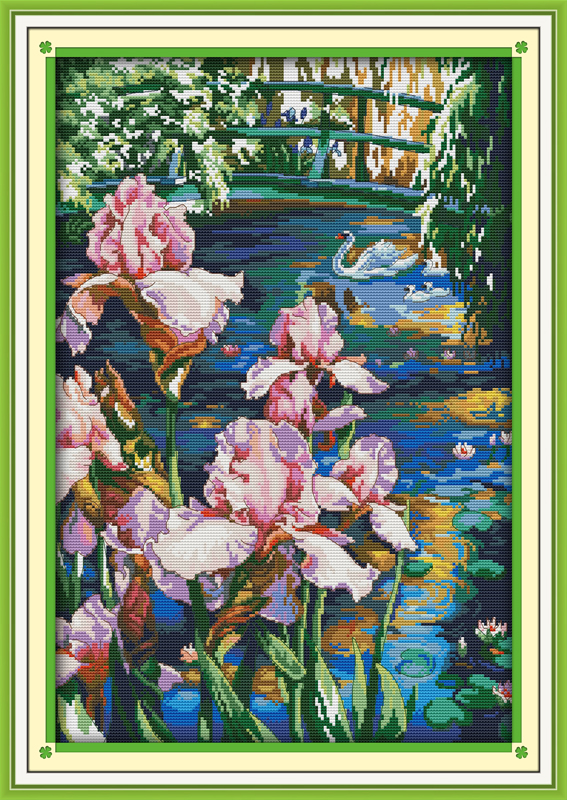 

Iris pool Swan lake room decor painting ,Handmade Cross Stitch Embroidery Needlework sets counted print on canvas DMC 14CT /11CT