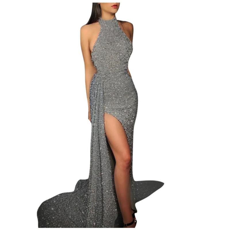 

Dress High-split Maxi Sexy Women Solid sequin Evening Party Dresses Clubwear Long halter Dress lace patchwork VKDR2201, Silver