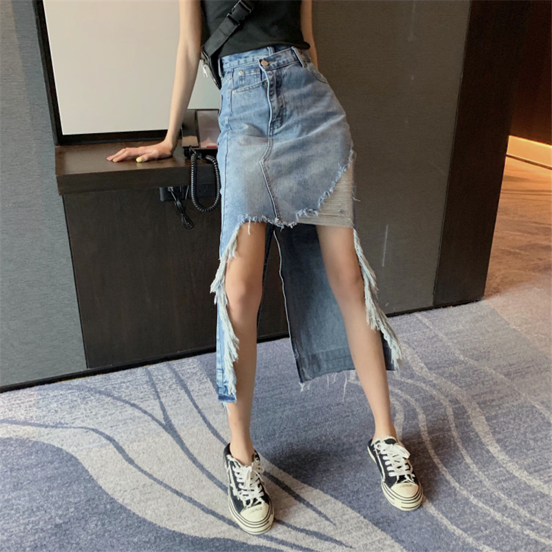 

Women 2020 New Fashion Bodycon Ripped Denim Skirt High Waist Vintage Irregular Denim Skirts Holes Split Fork Sexy Jeans Skirts, Blue