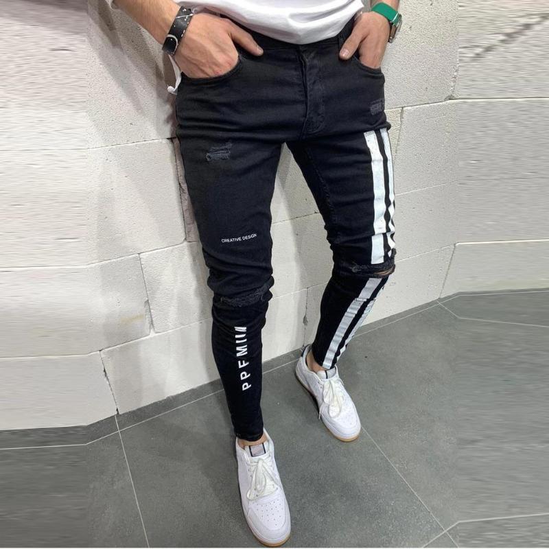 

2020 Jeans Men Striped Zipper Denim Hole Vintage Hip Hop Work Trousers Jeans Pants