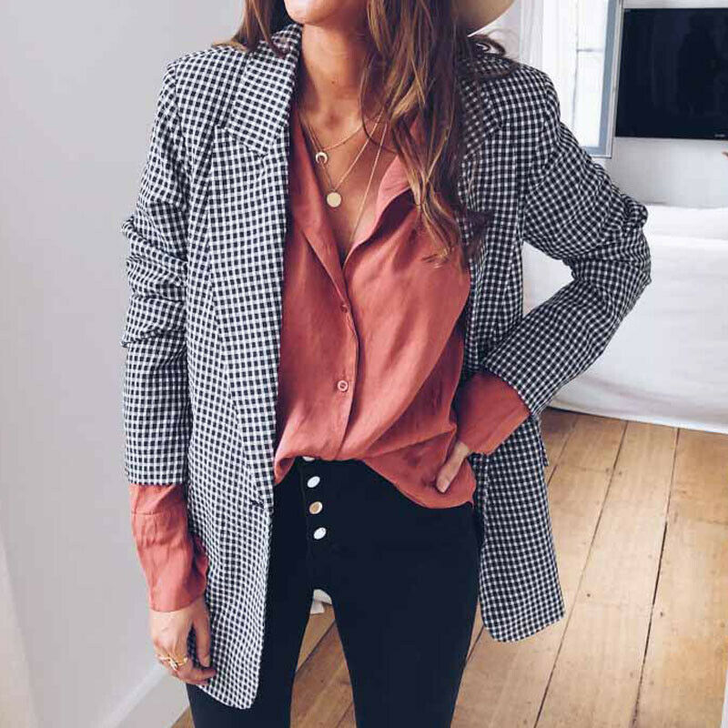 

Meihuida Women Plaid Blazer Autumn Winter Elegant Long Sleeve Slim gingham Check Jacket Lapel Tops Coat Outwear, Black