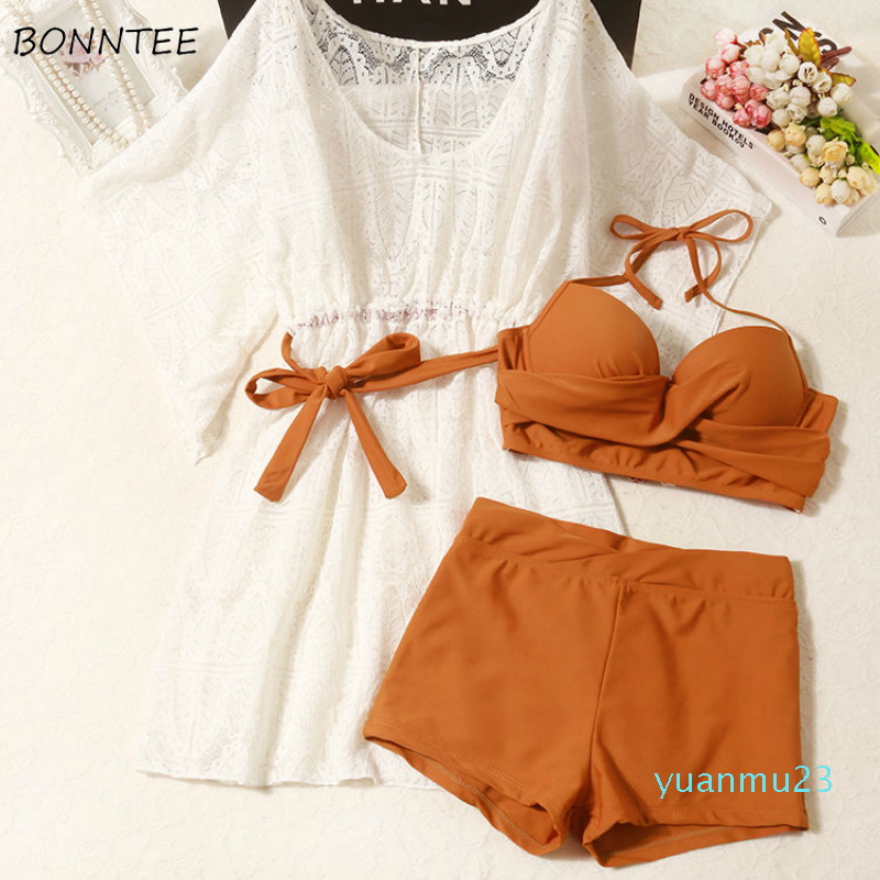 Wholesale-Bikini Set Women Summer New Chic Korean Slim Spaghetti Strap Sexy Soft Ladies Three Piece Swimsuit White Hollow Out Elegant Tops