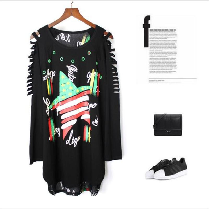 

European street fashion women's cotton Round collar Printed off-the-shoulder stitched long sleeve T-shirt hip hop loose T-shirt, Black