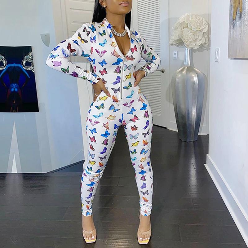 

Women Sexy Butterfly Printed Jumpsuit 2020 Summer Fashion Zipper Decor Deep V Neck Long Sleeve Skinny Romper Ladies Overall D30, White
