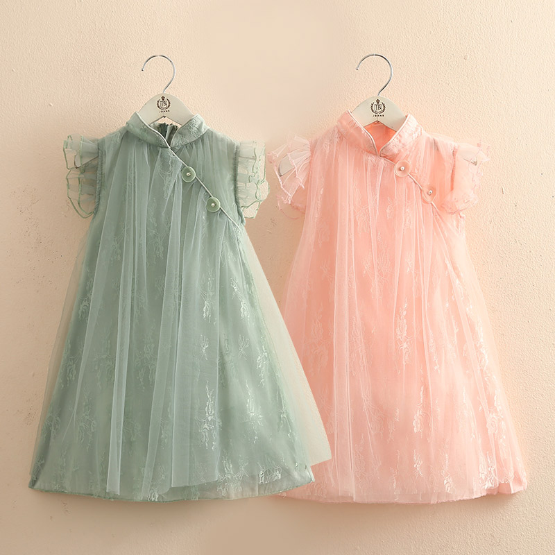 

2020 Summer 4 6 8 10 Years Chinese Style Kids Beautiful Stand Collar Sleeve Party For Kids Baby Girls Lace Cheongsam Dresses, Pink