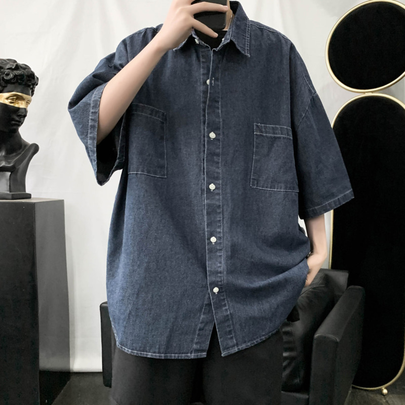 

Summer Cotton Denim Shirt Men's Fashion Solid Color Retro Casual Shirt Men Streetwear Wild Loose Short Sleeve Mens -3XL, Navy blue