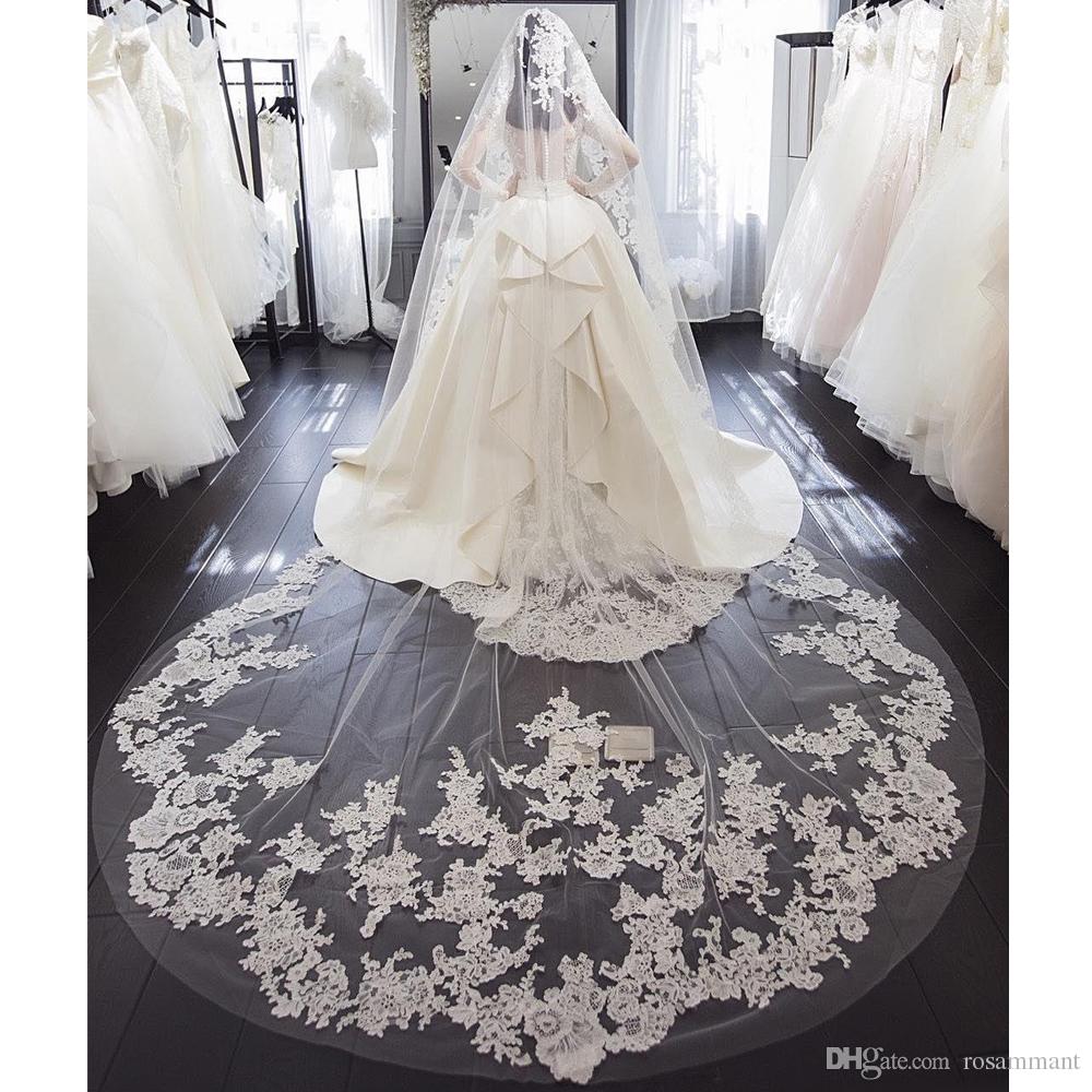 

Simple Elegant 2019 Wedding Veils 3 Meters Long Lace Appliqued Ivory Or White Cathedral Length Bridal Veil