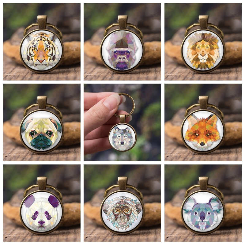 

New Arrival Cartoon Wolf Key Chains Handmade Dome Glass Cabochon Animal Cute Panda Jewelry For Car Accessories Keyring