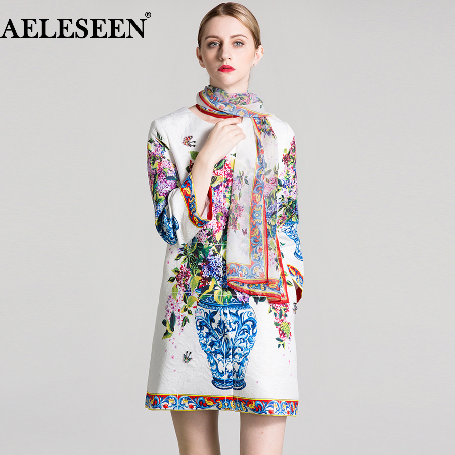 

AELESEEN Vintage Print Coat 2018 Fall Winter Women Full Sleeve Scarf Flower Vase Beading Print Jacquard Long Designer XXL Coats, White