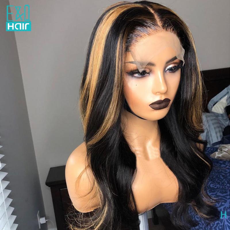 

180% Density Lace Front Human Hair Wigs For Women Pre Plucked Brazilian Remy Body Wave Ombre Highlight 13X6 Lace Front Wig EQ, As pic