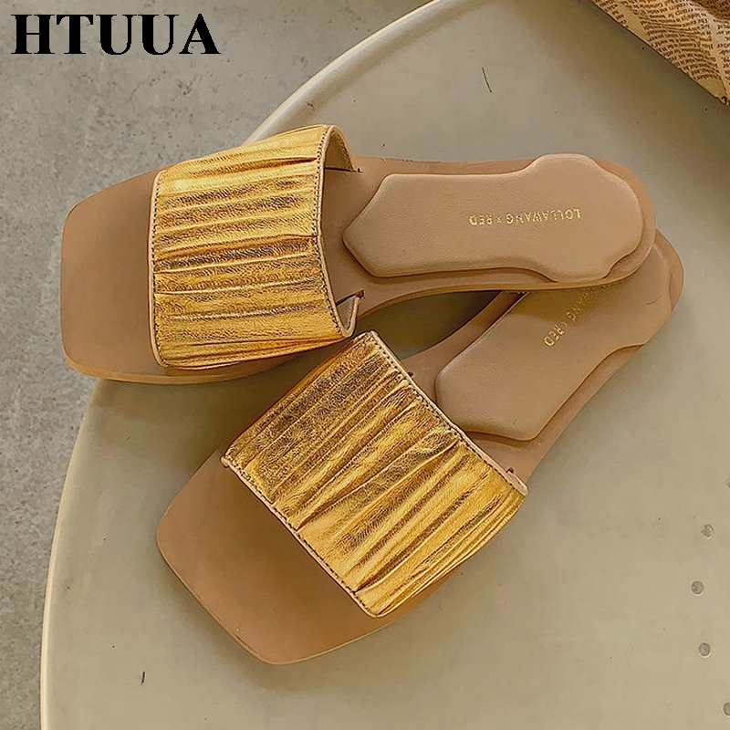 

HTUUA Design White Gold Slippers Women Flat Slides Outdoor Casual Flip Flops Beach Shoes Woman Summer Sandals SX4113, Blue