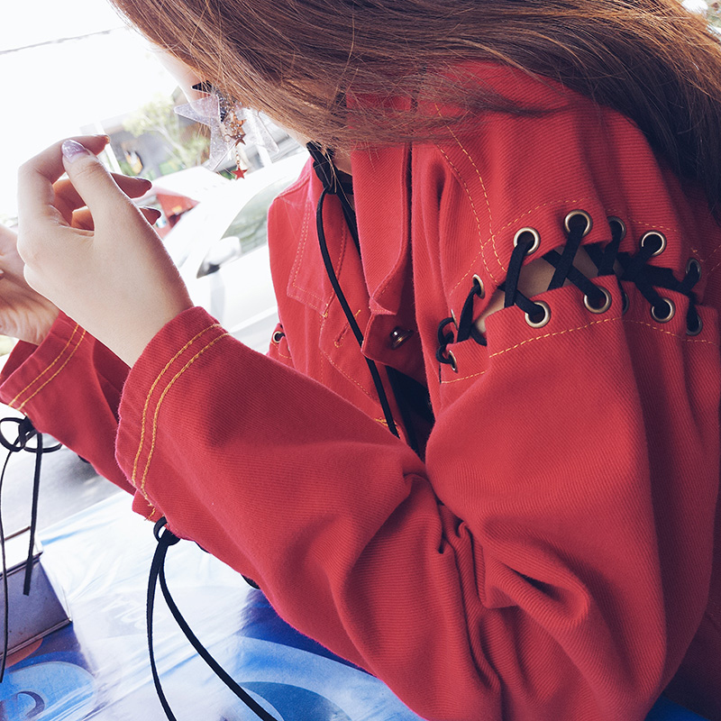 

Mishow Fashion new 2019 spring letter print jean coats red high street jacket pockets Tassel street wear short coats MX17A6416