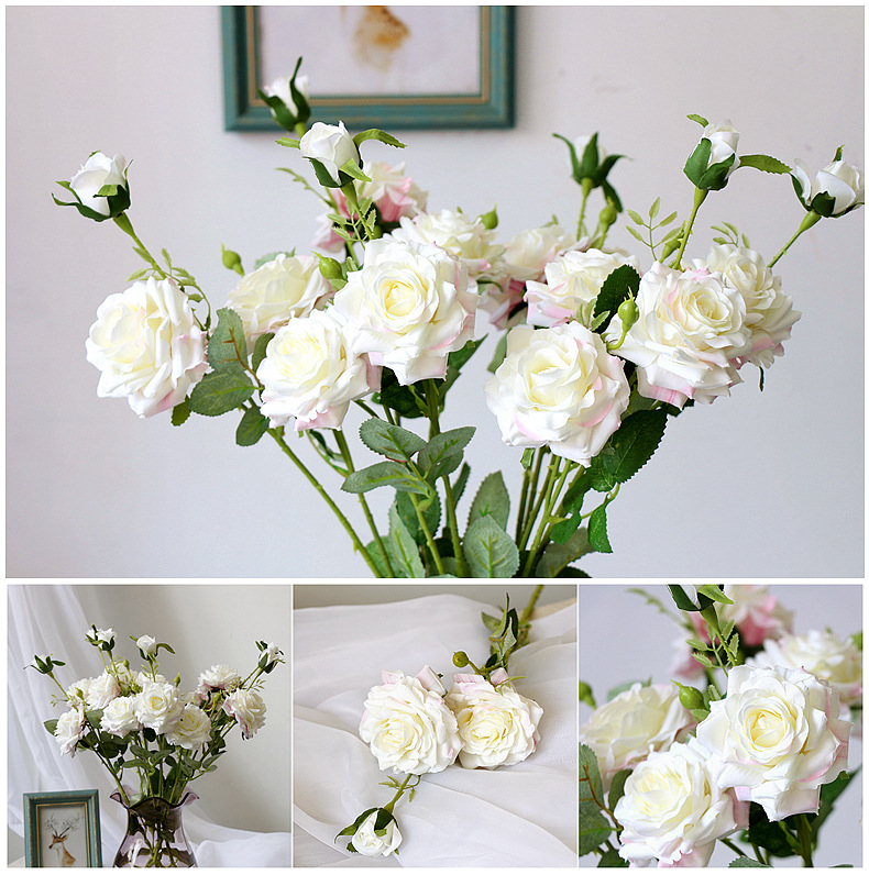 

1 PCS Cheap Artificial Flowers Artificial Rose flowers 3 Heads Silk Rose Home Wedding Party Decoration, White