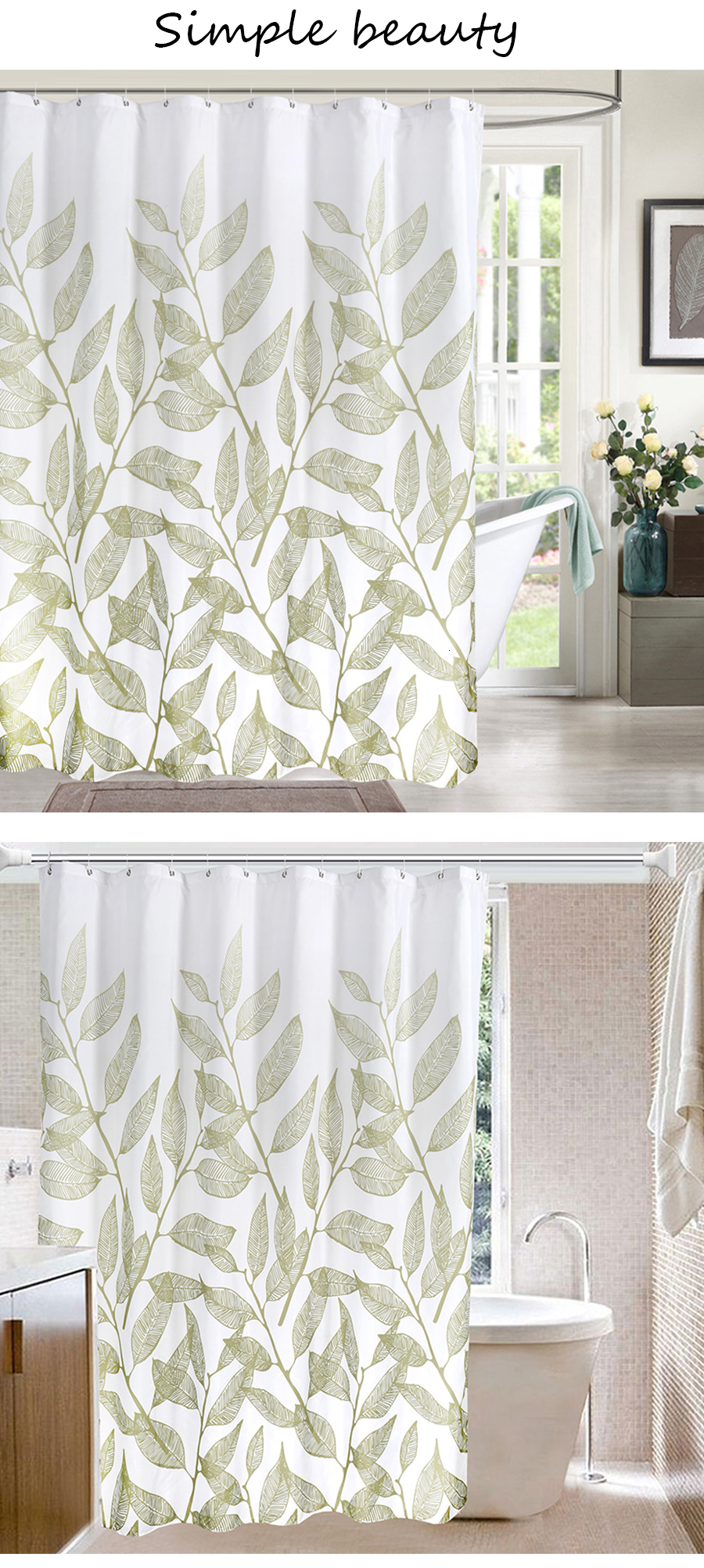 2019 Green Plant Leaf Print Shower Curtains Simple Elegant Curtain