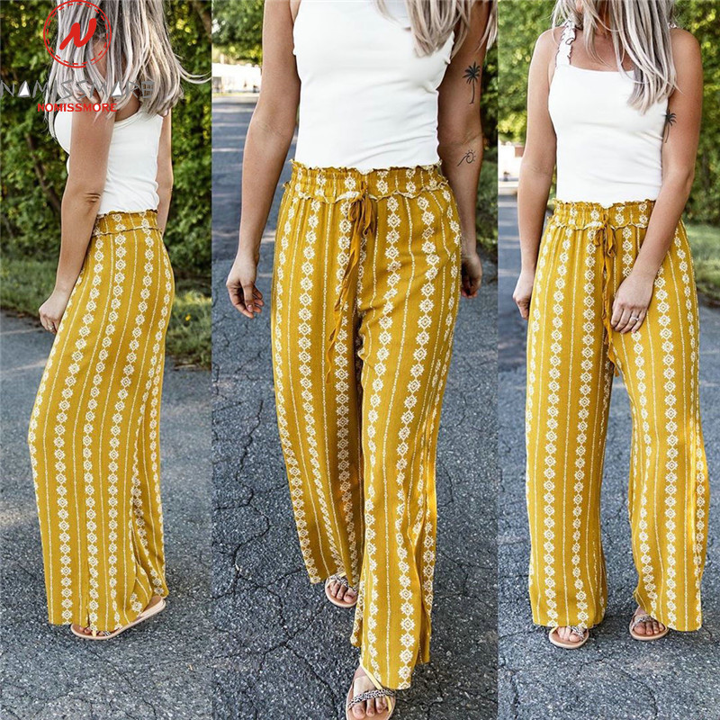 

Fashion Women Summer Wide Leg Pants for Streetwear Holiday Drawstring Design Mid Waist Print Casual Loose Thin Long Trousers, Yellow