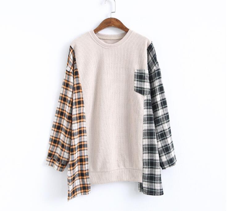 

Women Sweater O neck Plaid Contrast Color Pullover Knit 2020 Spring Autumn Loose Long Sleeve Fashion Women Thin Blouse