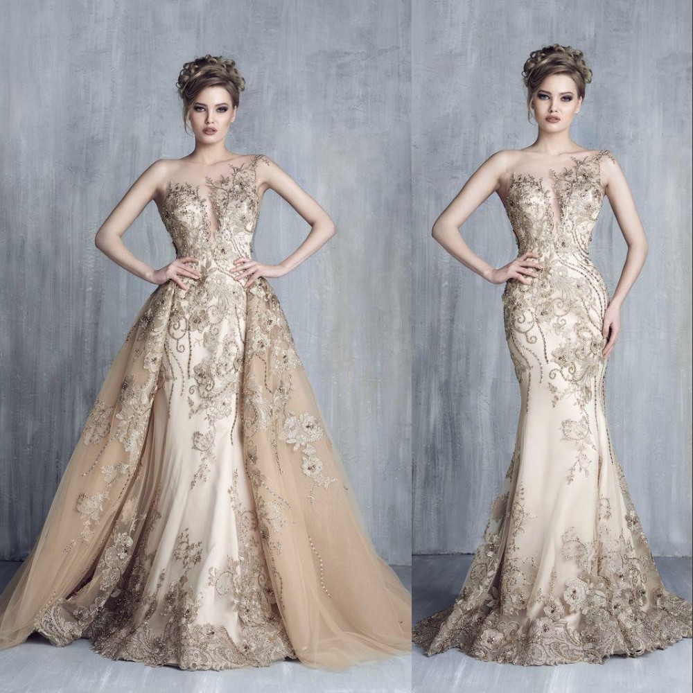 Nouveau Sexy De Luxe Formelle Robes De Soirée Porter Jewel Neck Illusion Sirène Champagne Overskirts Dentelle 3D Floral Robe De Bal Celebrity Par