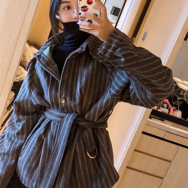 

2020 Eiyovii Lantern Sleeve Stripe Short Chic Shirt Parka Women Dames Jassen Winter Jacket Harajuku Veste Hiver Femme Long Coat, Gray